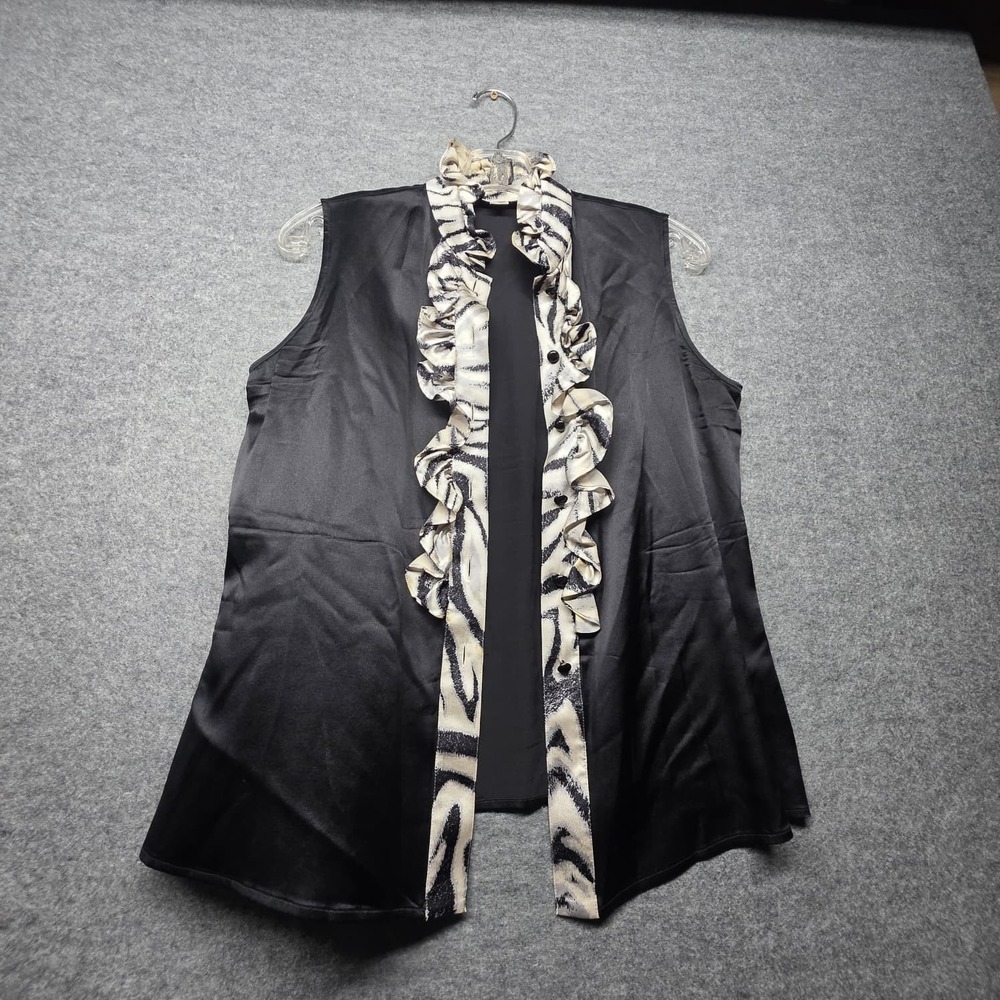 ST. JOHN Black Silk Ruffle Front Sleeveless Vest Top Size 4 95% Silk